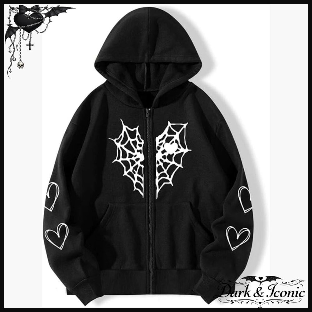 Oversized Y2K Zip Up Hoodie Gothic Spider Web Heart Graphic Sweatshirt